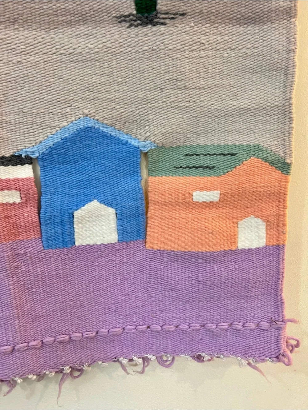 Vintage Hand Woven 3-D Mexican Village Tapestry Southwest Rug Wall Hanging